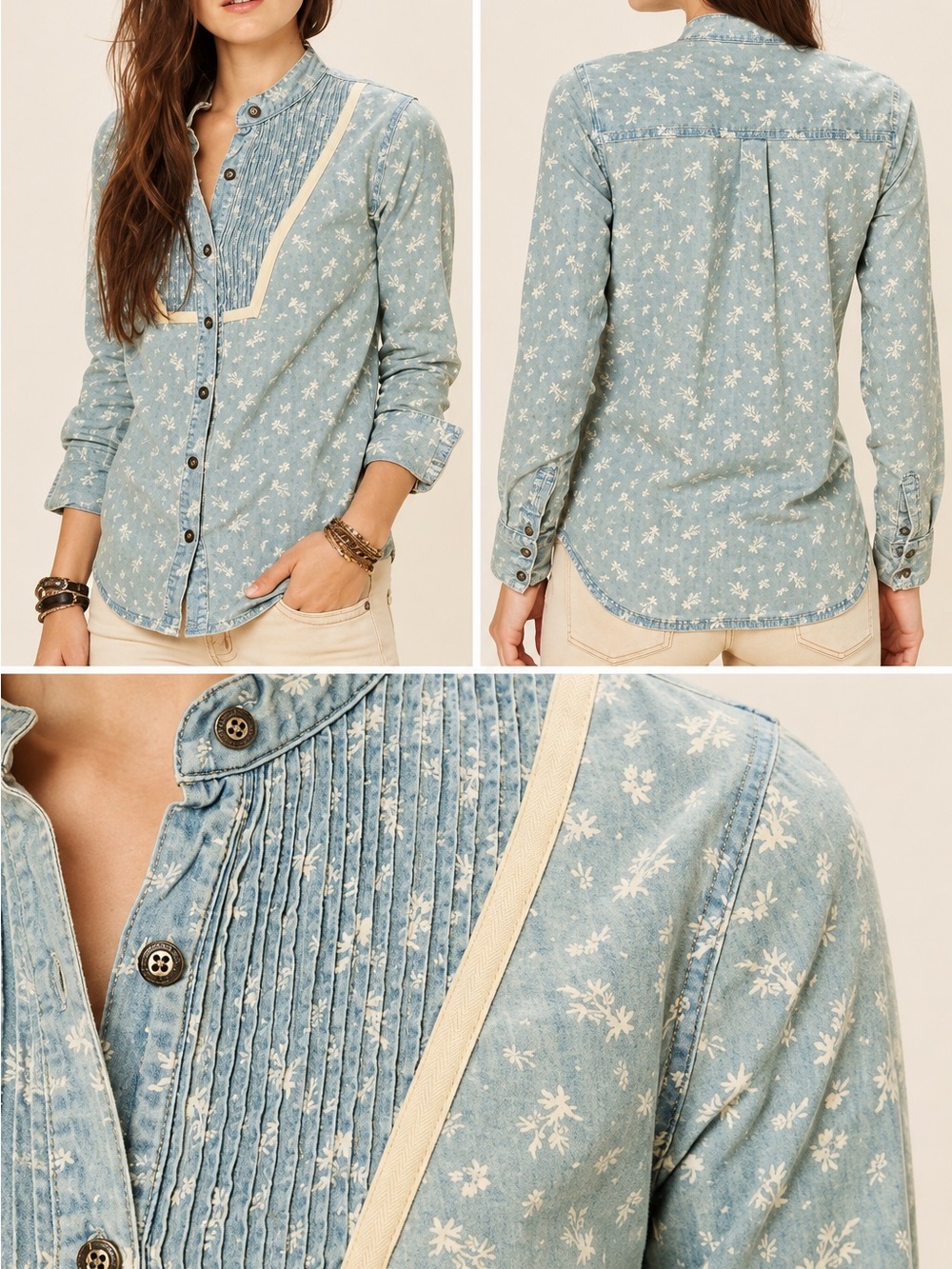 Free People Hillside Chambray Floral Pintuck Bib Button-Up Blouse